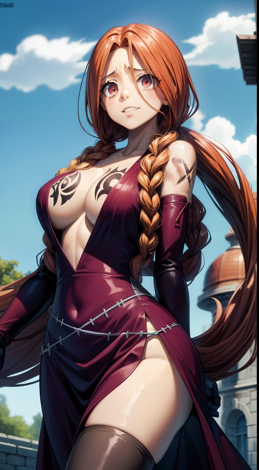 anime fairy tail, personaje lflare, pelo anaranjado largo en dos coletas, rostro hermoso, pecho grande, trasero grande, Curvaceous Body, calidad, 4k, adolescente, atractiva. Flare es una joven de piel clara de estatura media, con el pelo largo, color rojo, They are gathered on both sides of the head and tied into a pair of braided pigtails., masivas, que llegan hasta la cintura, y parecen seguir siendo por lo general arqueado, Backwards. Ella tiene labios gruesos y ojos rojizos, que siempre se muestran algo de par en par, que, junto con las cejas levantadas y perpetuamente su boca semi-abierta, gives him a somewhat crazy expression. Furthermore, ella parece tener bolsas visibles por debajo de los ojos, agregando a su aspecto distintivo. Flare posee un cuerpo muy voluptuoso, con senos masivos encontrados por las caderas de manera similar, la dota de una casi perfecta figura de un reloj de arena. Su hombro izquierdo tiene una cicatriz en forma de una "X", y su oscura marca de Gremio se encuentra en la parte superior de su pecho derecho. Flare tiene un vestido rojo muy revelador, que deja la mayor parte de su cuerpo superior al descubierto, es decir, su espalda, los lados y una gran parte de su escote que casi le llega hasta el ombligo (y, en consecuencia, parte de su marca de gremio) completamente expuestos, asegurado por correas de cuello halter. El vestido casi llega hasta los tobillos, con la parte que cubre sus piernas con volantes, and a lighter section, consisting of two elongated patches that act as a type of strap, en correspondencia a la cintura, al parecer, se cose a la ropa. El traje de Flare se completa con guantes largos que llegan casi hasta los hombros, haciendo coincidir su vestido en color, each with a small cut on the outer top edge, y las botas simples y de color claro