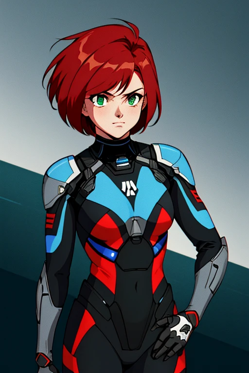 masterpiece, best quality, 1990s_\(style\), retro anime, 1girl, cowboy shot, Jane Shepard, FemShep, short hair, red hair, green eyes, black power armor, N7, full body portrait