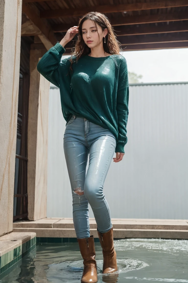 (Masterpiece:1.2, Best quality), 1lady, Solo, Upper body, Big tits, Dark wash skinny jeans, Oversized sweater, Ankle boots, Loose waves, center part,  hoop earrings, Green parks, SoakingWetClothes, soaking wet, wet hair