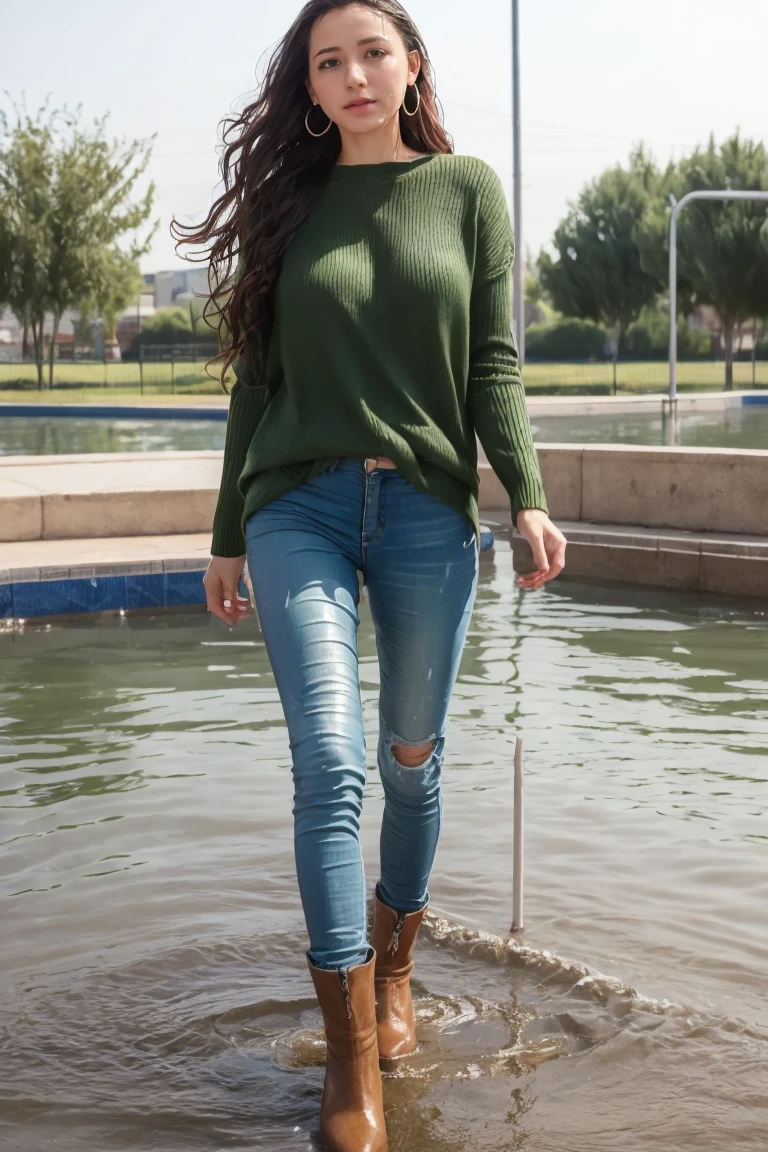 (Masterpiece:1.2, Best quality), 1lady, Solo, Upper body, Big tits, Dark wash skinny jeans, Oversized sweater, Ankle boots, Loose waves, center part, hoop earrings, Green parks, SoakingWetClothes, soaking wet, wet hair