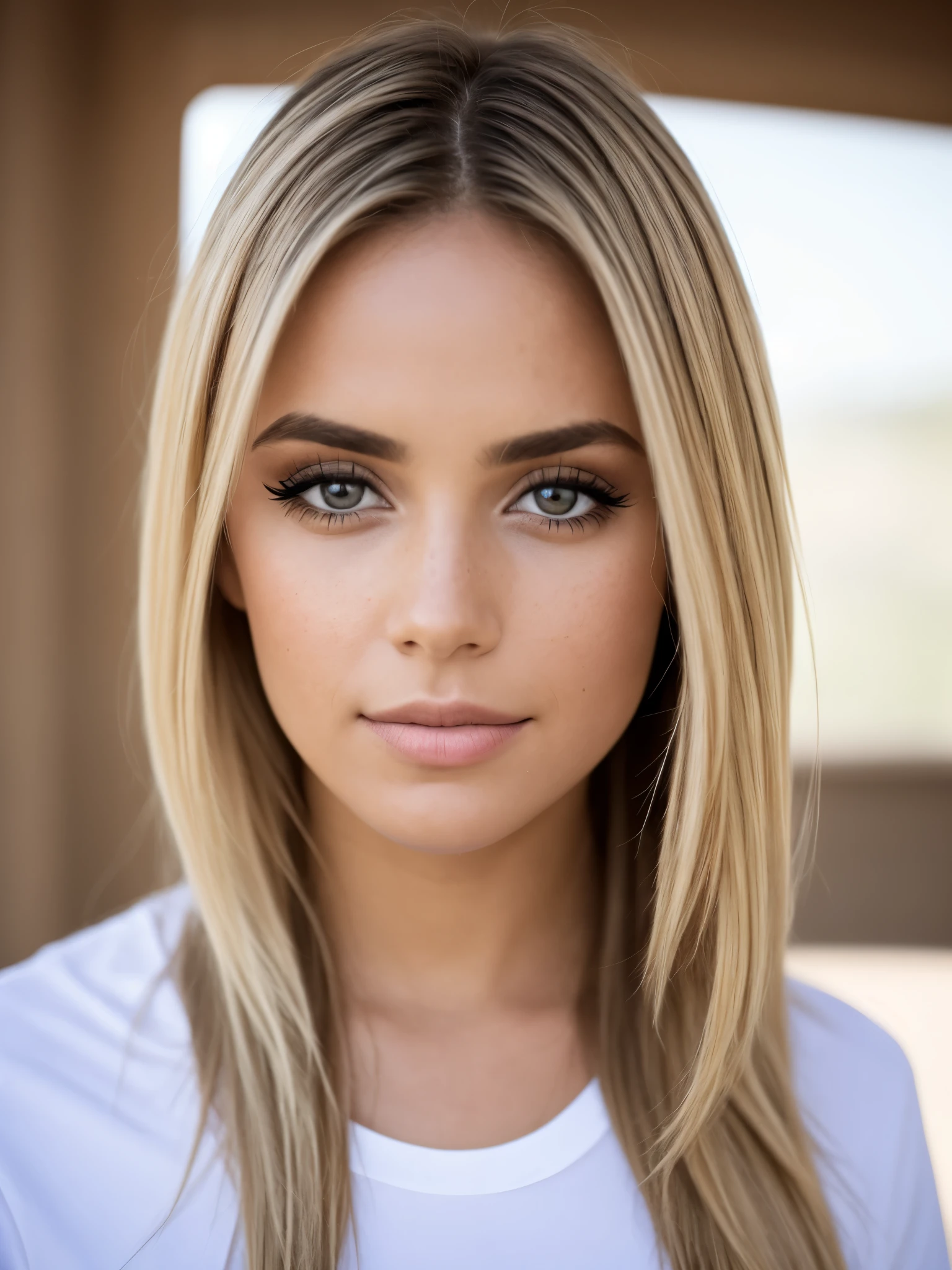 photo,8k,sharp focus,beautiful woman,close up,t-shirt,(detailed eyes:0.8),(looking at the camera:1.4),(highest quality),(best eyeshadow),brown eyes,rim lighting,two tone lighting,dimly lit,low key,intricate details,interior, blonde hair:1.3,freckles