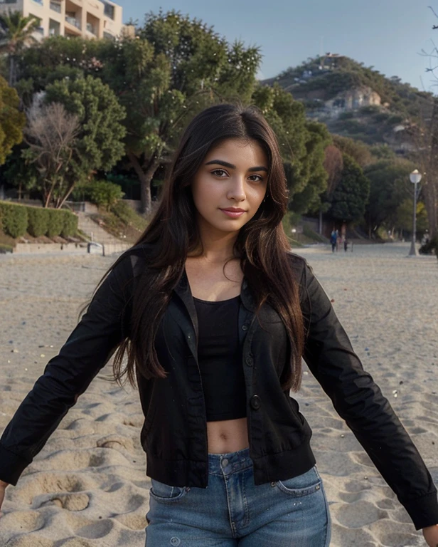 (Best quality, Ultra-detailed, Masterpiece:1.5), photograph of a beautiful pakistani woman at a beach. The woman should have a flawless, highly detailed face with soft, luminous skin. Her long hair should be naturally brown and stylishly arranged. (Perfect Eyes:1.2), double eyelids, photo-realistic:1.5), 8K UHD, high budget, fashionable outfit, unique style, expressive eyes, vibrant smile, Good shadows, graceful pose, full body