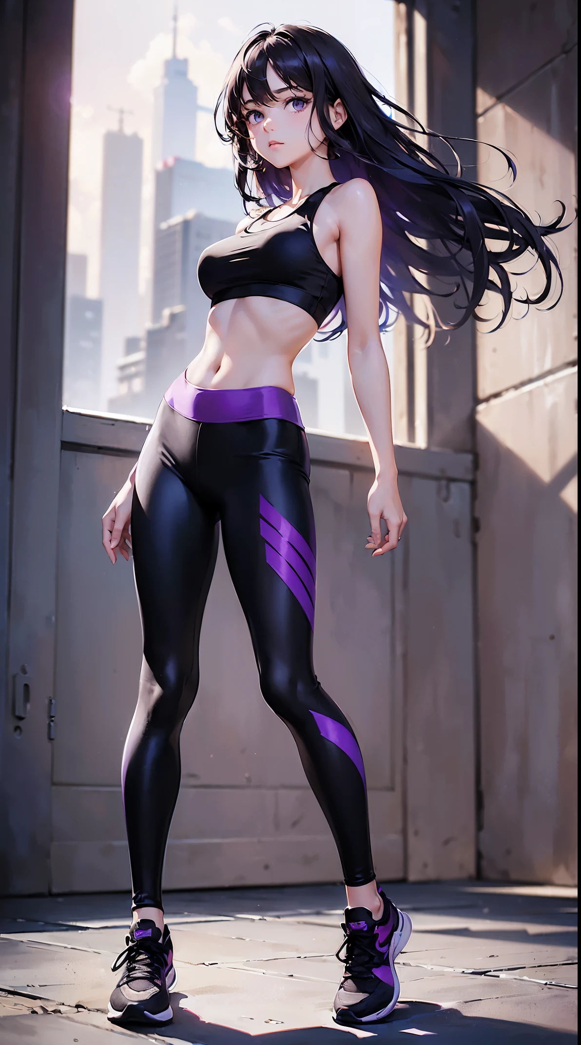 (Masterpiece), (Best Quality), (Super Detail), (disheveled Hair), (Illustration), (One Girl), Standing, Beholder, (Interview), (Simple Background), Finely Beautiful Eyes, Delicate Beautiful Face, Floating, (High Saturation), (Shine), Best Lighting, Best Shadows , Focus on Face,((full body in photo)), ((black crop top)) ,((black leggings, purple line)),black nike shoes