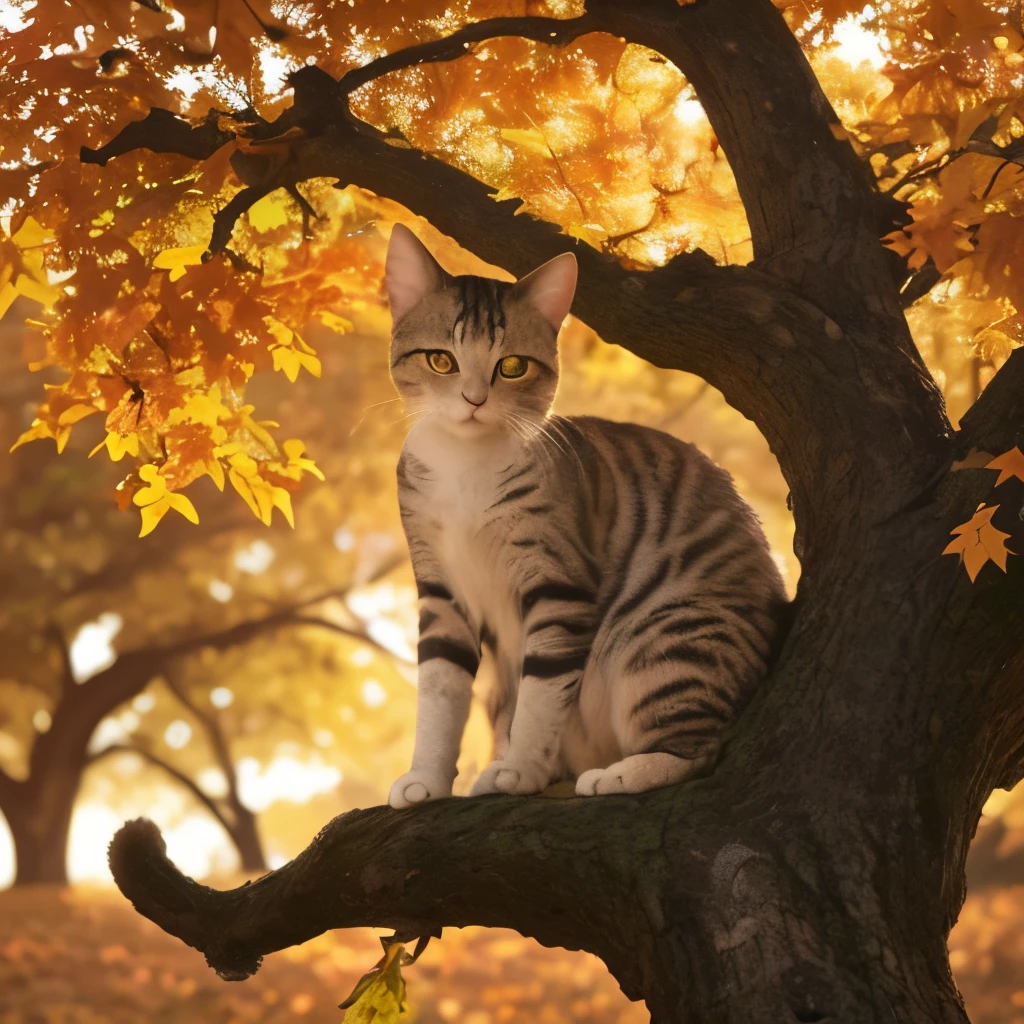 photo of a Cat poised gracefully atop an ancient oak tree, autumn leaves fluttering around, golden hour casting long shadows, backlit, sharp focus on feline, bokeh effect on background foliage, digital painting.