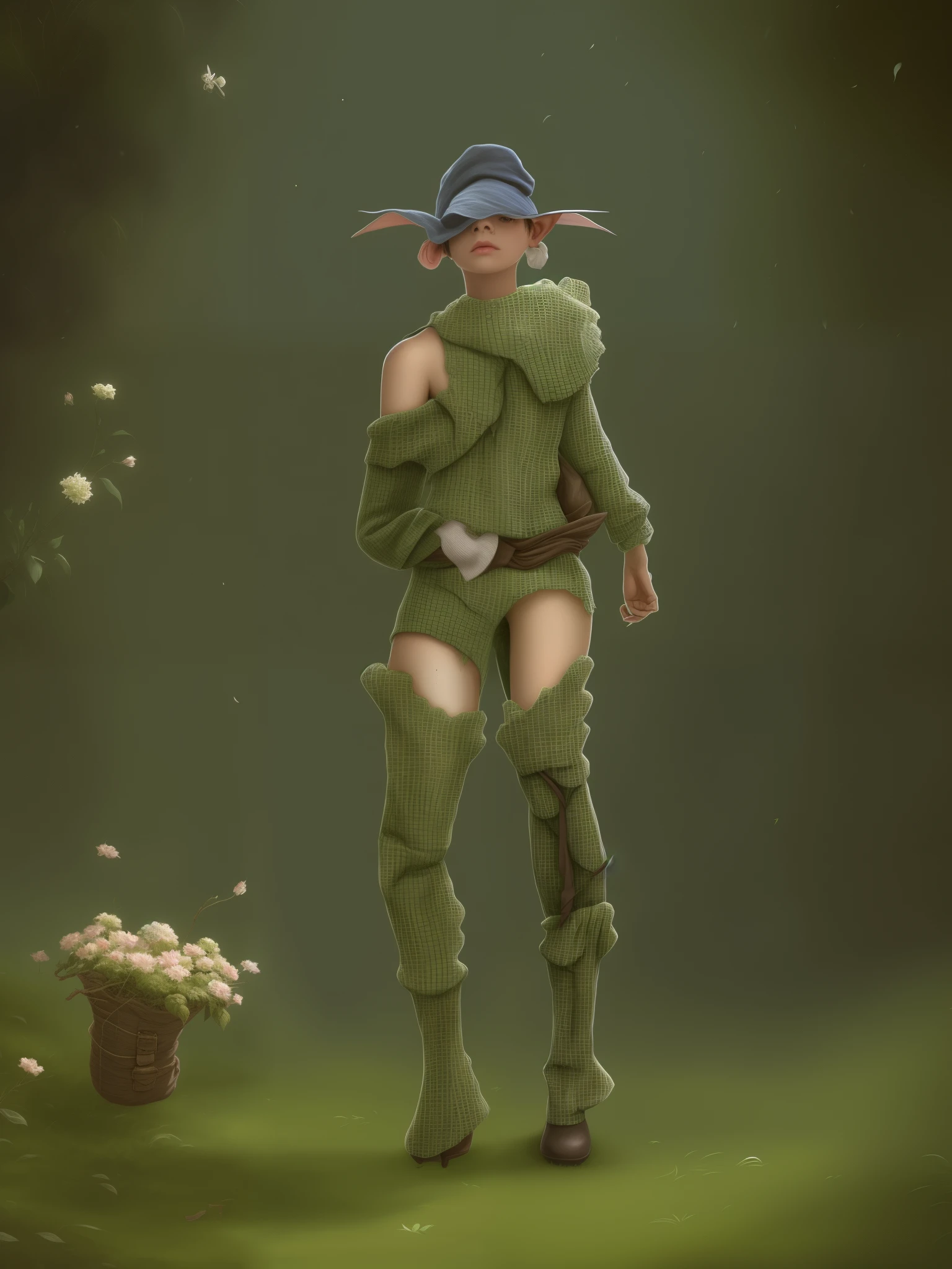 drawing of a person with a hat and backpack walking, personagem de fantasia complexa, conceito de corpo inteiro, detailed conceito de corpo inteiro, Personagem de corpo inteiro, design de personagens humanoide, goblin menina dnd personagem, caractere de comprimento total, conceito de personagem irrealista, Personagem de corpo inteiro concept, Personagem conceitual, detalhes do corpo inteiro, novo conceito de figurino, corpo inteiro com traje, um olho. Roupa de musgos. Estilo melanie Martinez portals, vintage grunge, roupa verde Dark, bloodborne, flores na roupa, musgo, plantas no look, roupa baseada em natureza