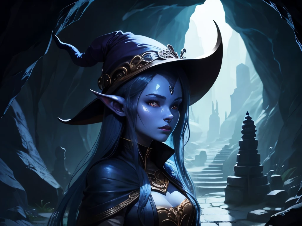 Tiefling, blue skin, lether amor, hat, Tempel  in a cave, high quality