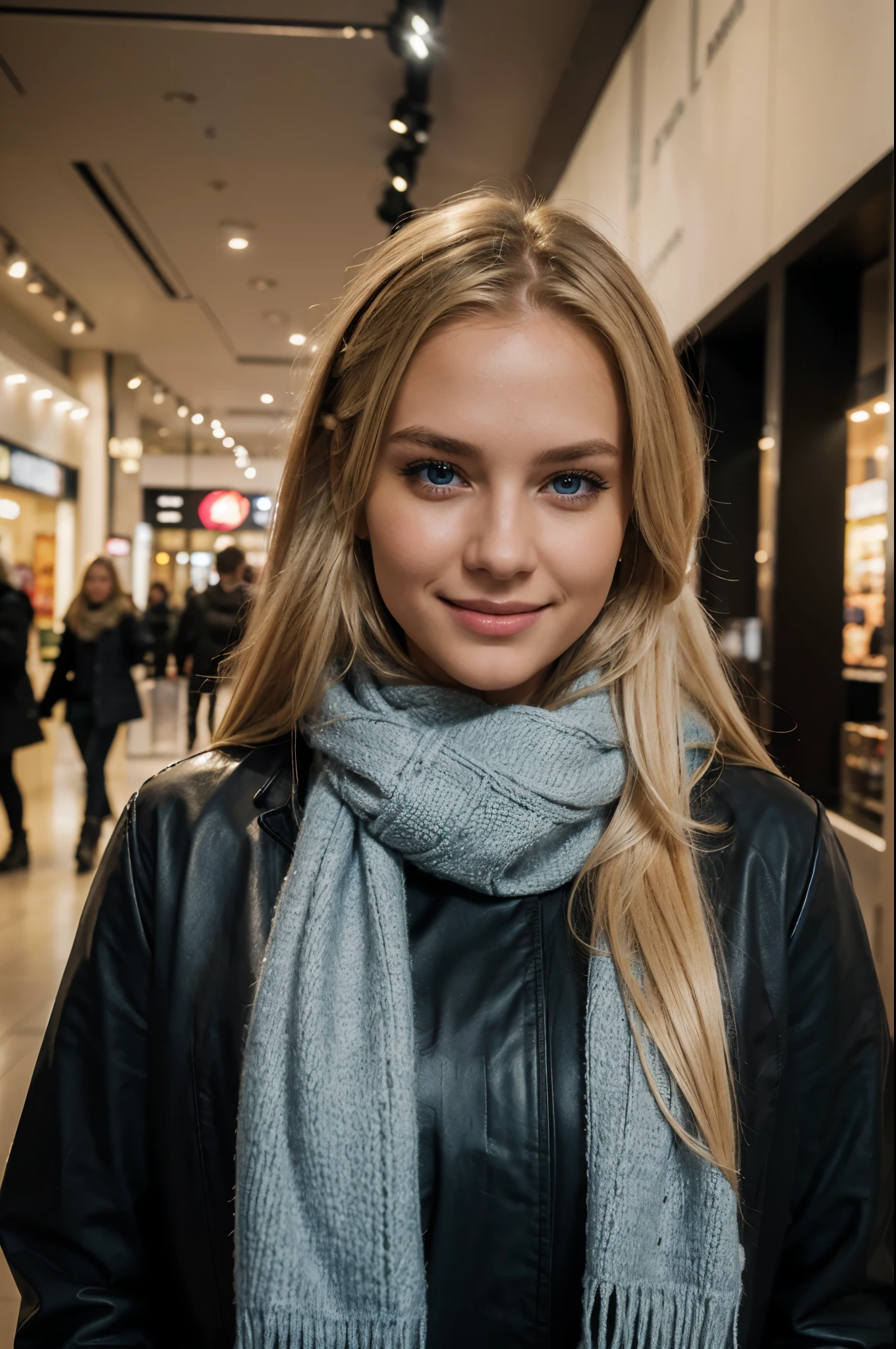 raise your hands, you are happy, shopping in a mall, full body picture with winter outfit, winter outfit, biting on lips and smile, chubby, scarf, evening, dark lights, best quality, Meisterwerk, Realistisches Foto, Komplizierte Details, RAW-Foto, Ultra-detailliert, blondes haar, cute face, Körpchengröße B, blondes Haar, perfekte und blaue Augen, HD quality, 8K, young woman, 20 Jahre alt