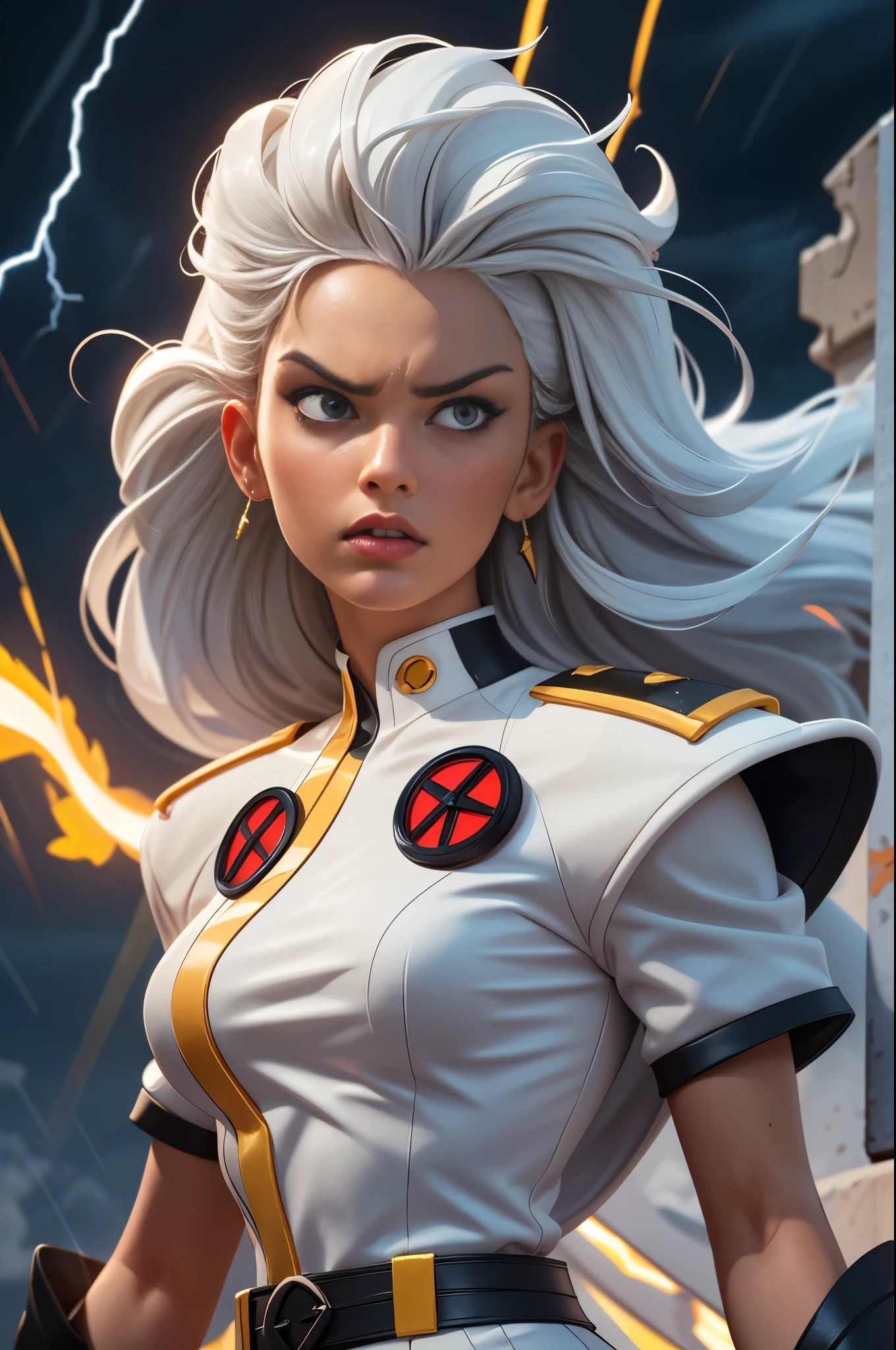 best quality,highres,ultra-detailed,realistic:1.37,professional,dynamic,action shot,storm character art,storm from the X-Men,storm conjuring lightning,storm with flowing white hair,storm with intense gaze,storm in a powerful pose,strong facial features,storm's iconic cape,storm surrounded by storm clouds,storm with dramatic lighting,storm's eyes glowing white,storm's lightning powers crackling,storm with an intense expression,storm with a determined look,storm wearing her classic costume,storm floating in the air,storm with winds swirling around her,storm creating a thunderstorm,storm casting lightning bolts,storm's cape billowing in the wind,storm with a fierce and confident posture,vivid colors,bokeh,portrait