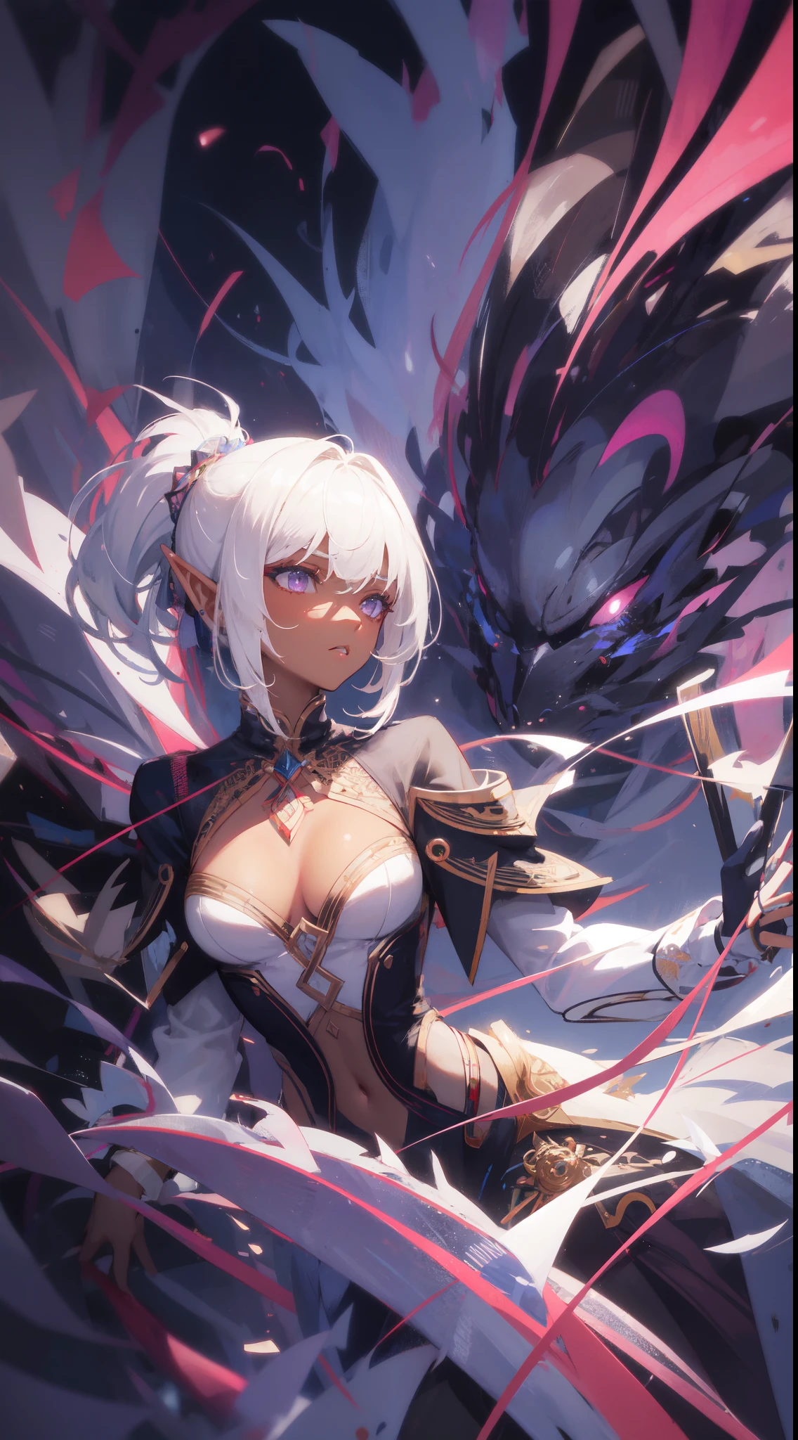 official art, unity 8k wallpaper, ultra detailed, beautiful and aesthetic, masterpiece, best quality, (zentangle, mandala, tangle, entangle), (fractal art:1.3) , (dark elf), 1girl, extremely detailed, dynamic angle, cowboyshot, the most beautiful form of chaos, elegant, a brutalist designed, vivid colours, romanticism, by Artgerm, Wadim kashin, Kawacy, atmospheric, ecstasy of musical notes, streaming musical notes visible, BREAK, eyelashes, eyeshadow, pink eyeshadow, (Dark Skin:1.2), BREAK, short hair, short ponytail, Blunt bangs, (hair between eye), white hair, violet eyes,