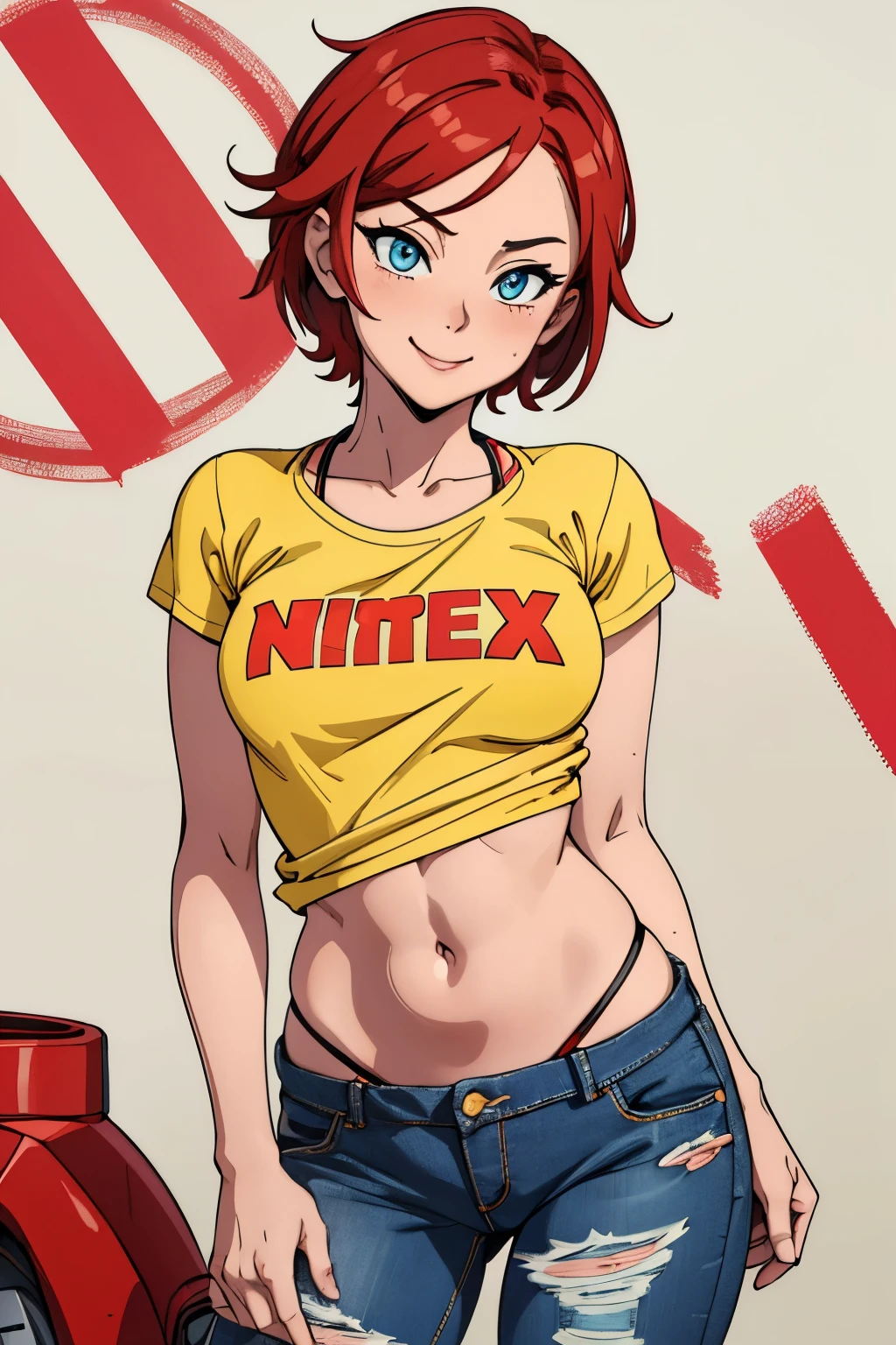 Cute girl, ripped bikini jeans, short yellow shirt that does not cover the stomach, belly showing, red sneakers, short hair, beautiful body,, bikini, lifted by the buttocks, sexy body, sexy face reddish, Shy face, excited smile, watering eyes, Ripped jeans, similar to women's underwear, Jeans like a bikini, blacked, brazzers, pornhub, sexy, xxnx, xnxx, hentai, whore, Beautiful eyes, beautiful nose, beautiful mouth, beautiful face, Red hair, little girl