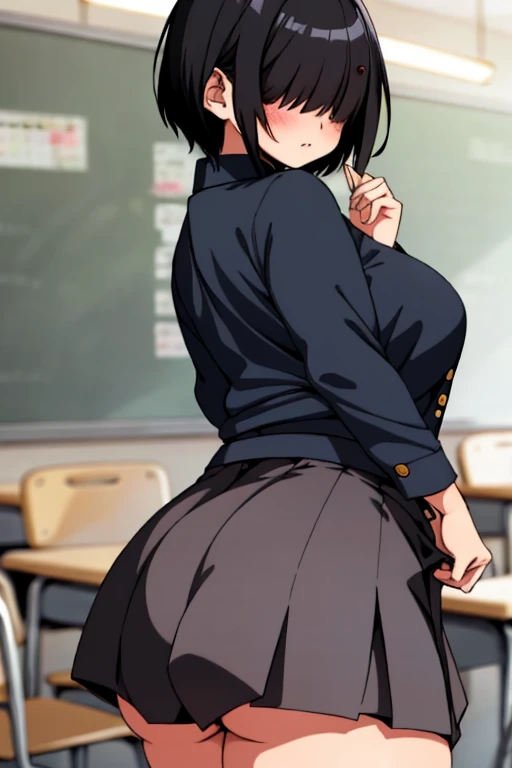 Black haired anime girl, short hair, hair over eyes, school uniform, large breasts, thick thighs, classroom, dark blue shirt, button up, dark blue skirt, white panties, looking back, plump ass, lifting skirt, blush