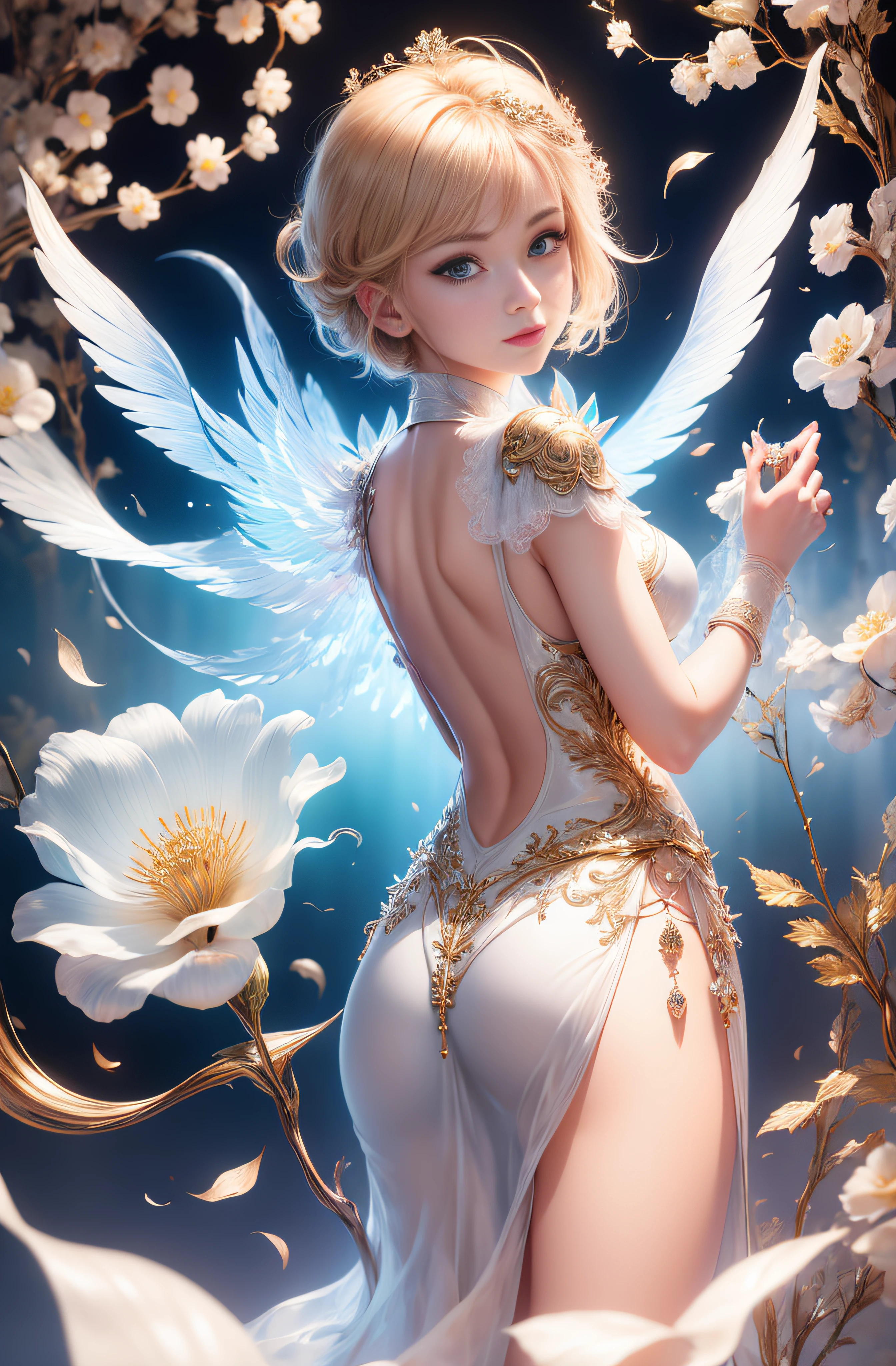 Greek warships、8K、realphoto、超A high resolution, Master Parts, Best Quality, nffsw , cinematic images,Lovely girl、ann、16 only、annグロサクソン、二重まぶた、drooing eyes、Very big eyes、eye shadow、 ighly detailed , a blond、Straight short hair、 Sweet look 、ssmile、Charming gaze、A little embarrassing、thin lipss ,beautiful long nose、the tip of the nose is small、a very beautiful woman、long supple legs、 Very clear shadows , jewely , A sexy , A detailed eye, very intricate, shiny skins , パーフェクトブリリannト, Perfect Lighting, Dramatic shadows ,White tiara on head、white dress with gold embroidery、white angel wings from behind the back、White bouquet in both hands、Glass High Heels