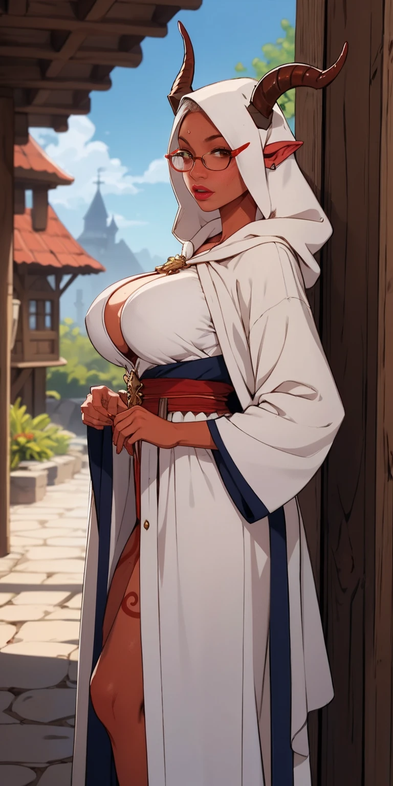 standing, straight, 1girl, looking at viewer,, Solo, female, ((horns, red skin)), big breasts, white linen tunic, navy cloak, standing, fantasy village, glasses, (lipstick, eyeliner, eyelashes, mature female), bard, hands behind back