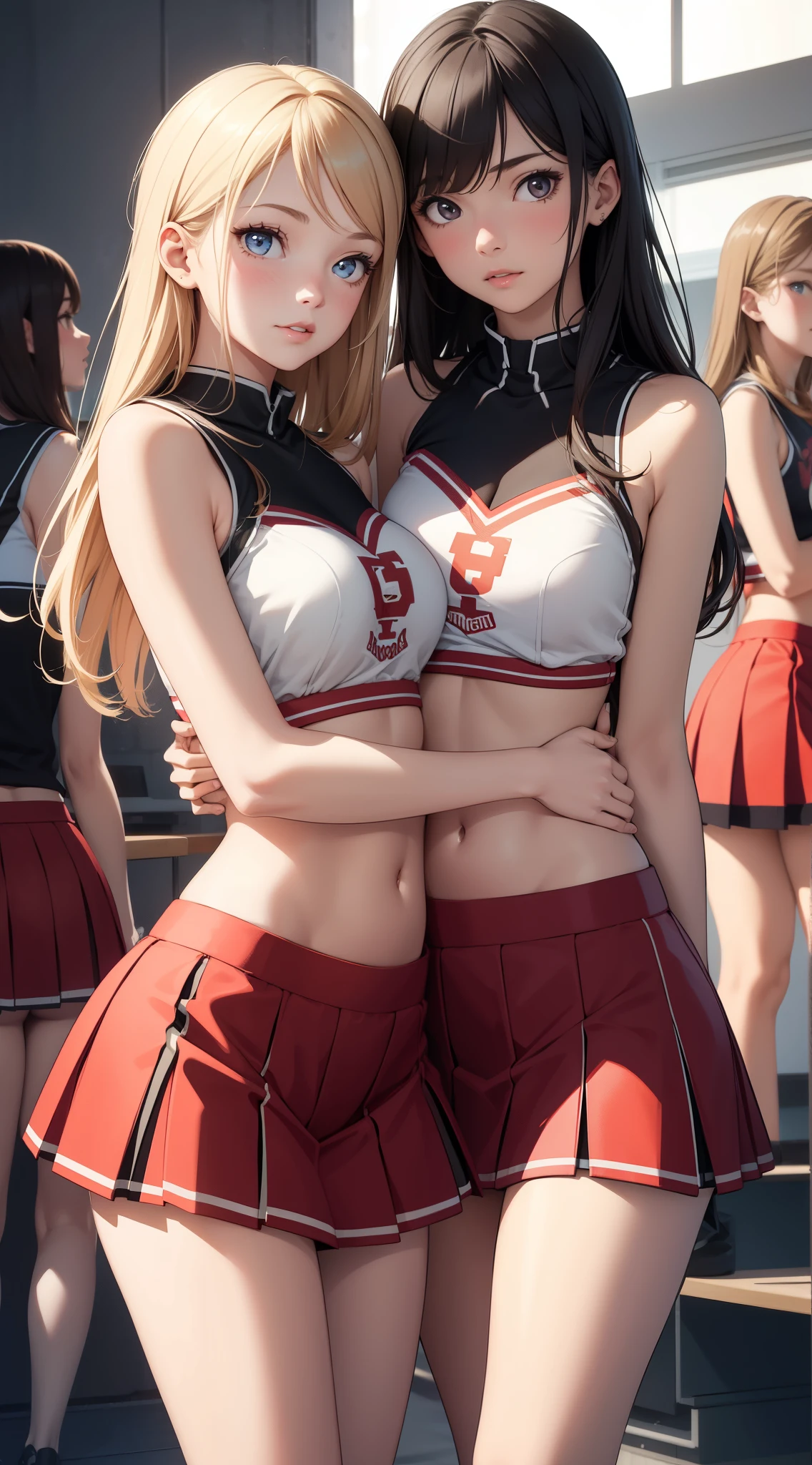 2girls, multiple girls, natural lighting, masterpiece, highly detailed, illustration, game CG, absurdres, high quality, hug, glossy lips, looking at viewer, cheerleader, midriff