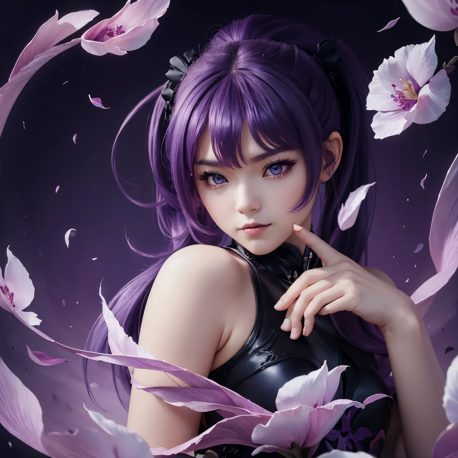 ((tmasterpiece, Best quality at best)), (negative space: 1.2), (1 girl, Alone: 1.4), petals, a pink eyes, dragon girl, long, Purple colored hair, high ponytails, liquid hair, blossoms, loong background