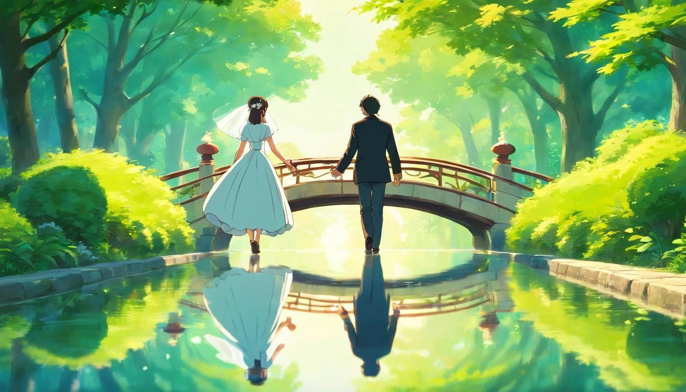 a creative shot of the bride and groom holding hands and walking across a charming bridge in the park, with the reflection of their love mirrored in the calm water below