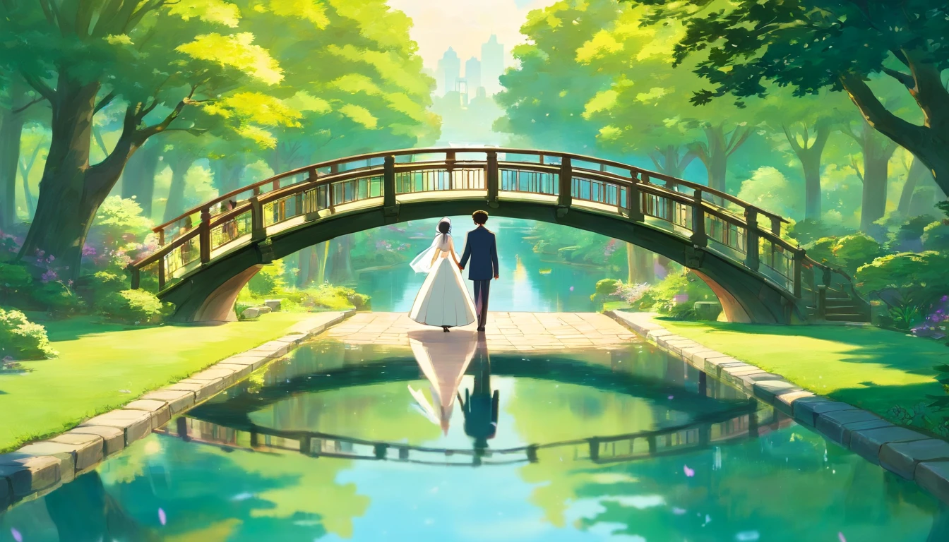 a creative shot of the bride and groom holding hands and walking across a charming bridge in the park, with the reflection of their love mirrored in the calm water below