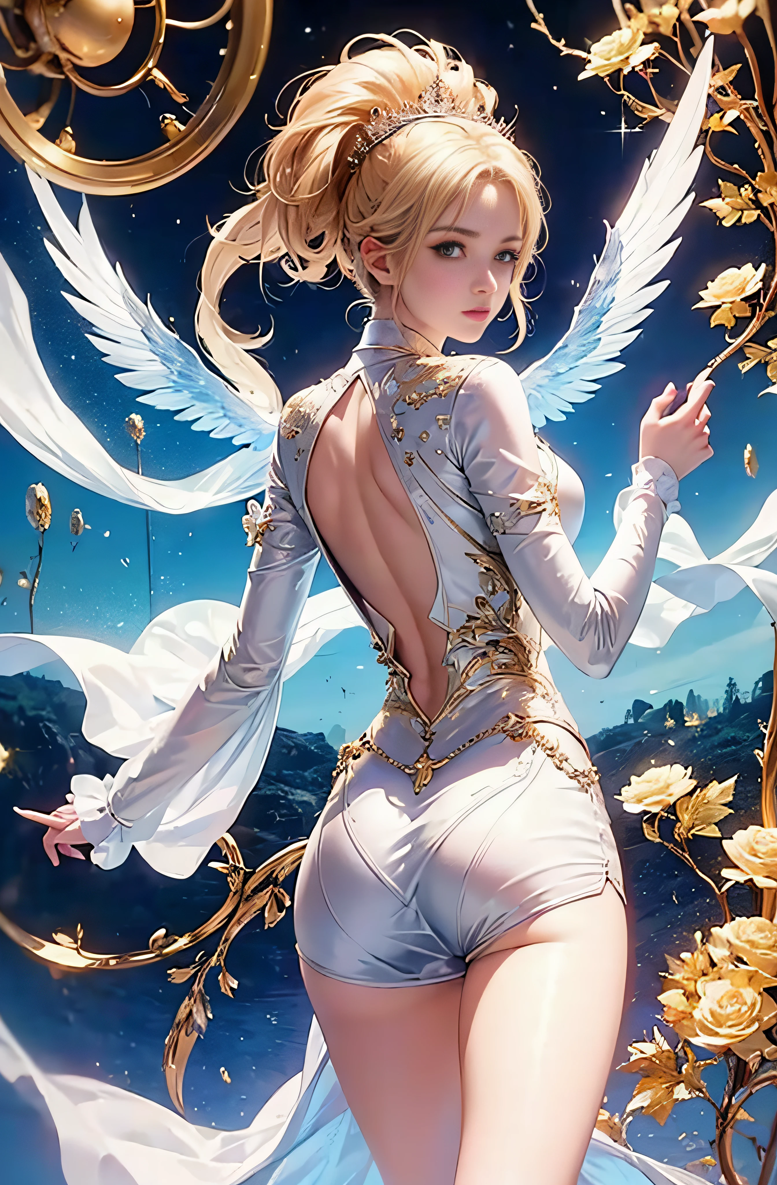 Greek warships、8K、realphoto、超A high resolution, Master Parts, Best Quality, nffsw , cinematic images,Lovely girl、ann、16 only、annグロサクソン、二重まぶた、drooing eyes、Very big eyes、eye shadow、 ighly detailed , a blond、Straight short hair、 Sweet look 、ssmile、Charming gaze、A little embarrassing、thin lipss ,beautiful long nose、the tip of the nose is small、a very beautiful woman、long supple legs、 Very clear shadows , jewely , A sexy , A detailed eye, very intricate, shiny skins , パーフェクトブリリannト, Perfect Lighting, Dramatic shadows ,White tiara on head、white dress with gold embroidery、white angel wings from behind the back、White bouquet in both hands、Glass High Heels