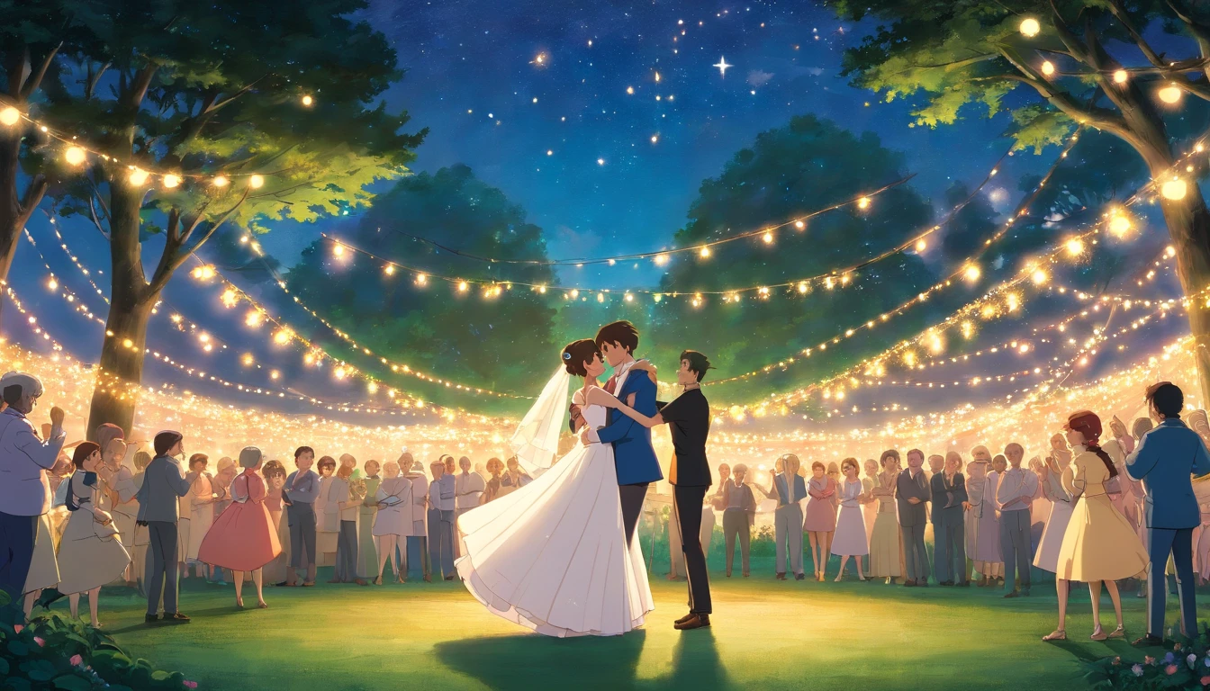 a romantic shot of the bride and groom sharing a dance together in a secluded clearing in the park, with twinkling fairy lights suspended above them, creating a magical and intimate atmosphere