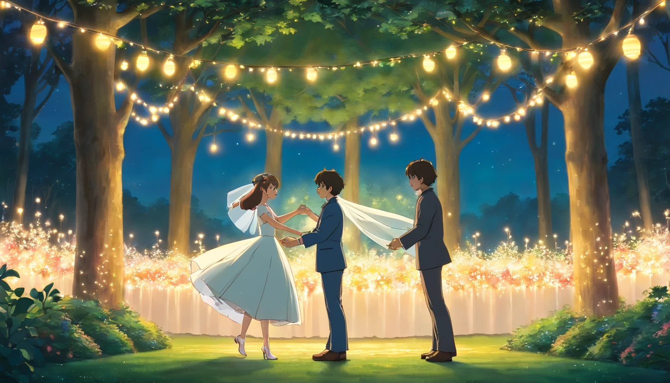 a romantic shot of the bride and groom sharing a dance together in a secluded clearing in the park, with twinkling fairy lights suspended above them, creating a magical and intimate atmosphere