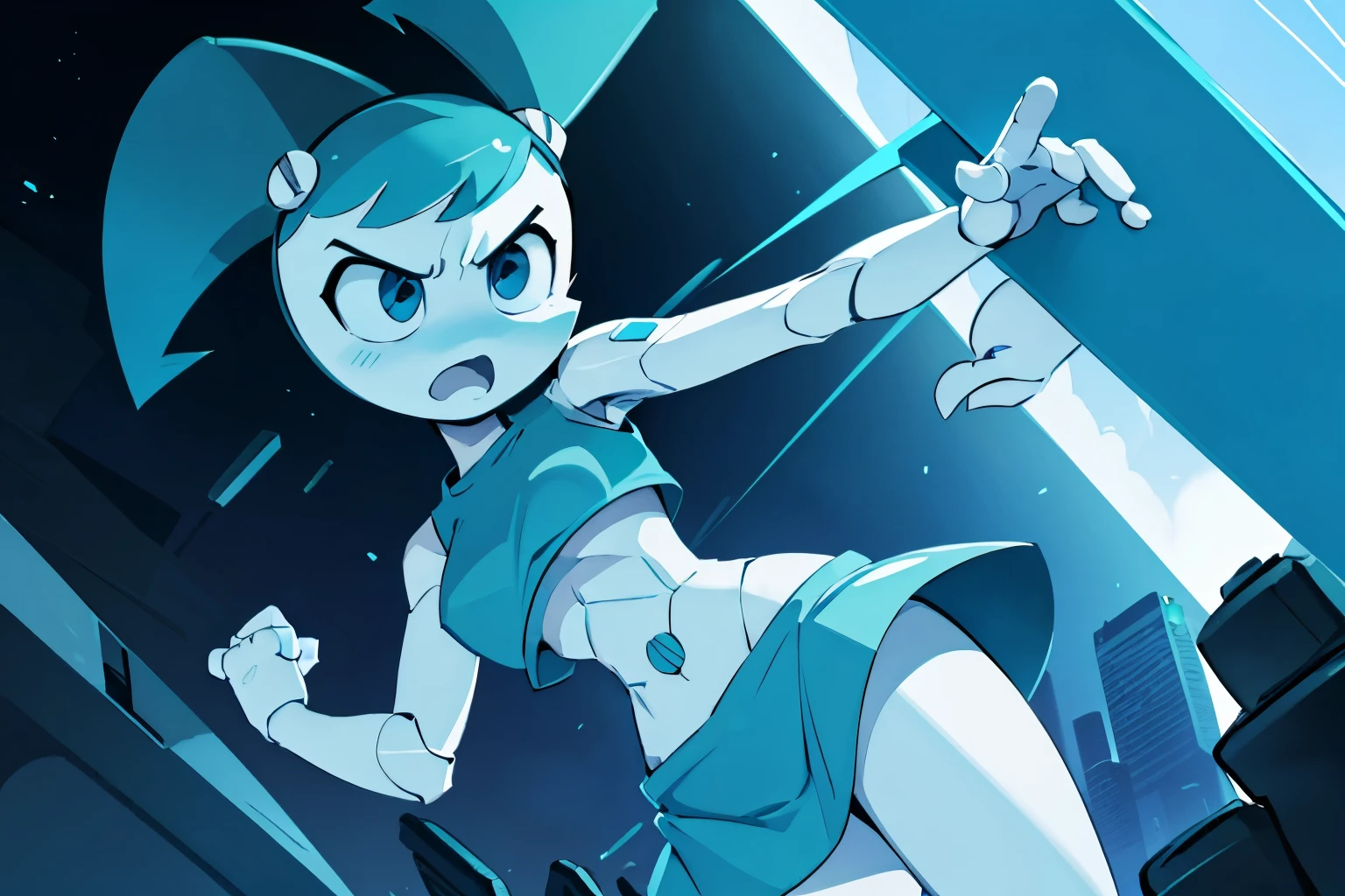 High quality portrait of Jenny Wakeman fighting aliens in a futuristic city. Day time. Angry face. Robot body, robot joints. Blue bolt on belly button, blue mini skirt