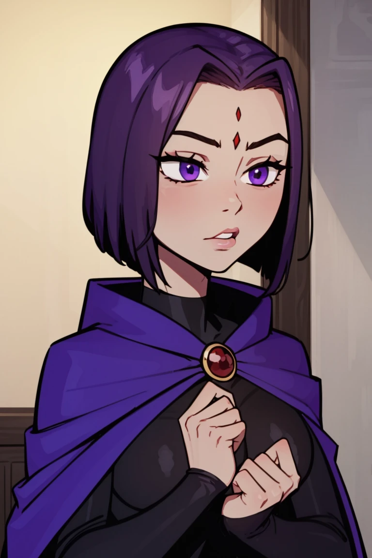 Raven red jewel on forehead, short hair, purple hair, RavenTT, short hair, purple hair, purple eyes, red jewel in forehead