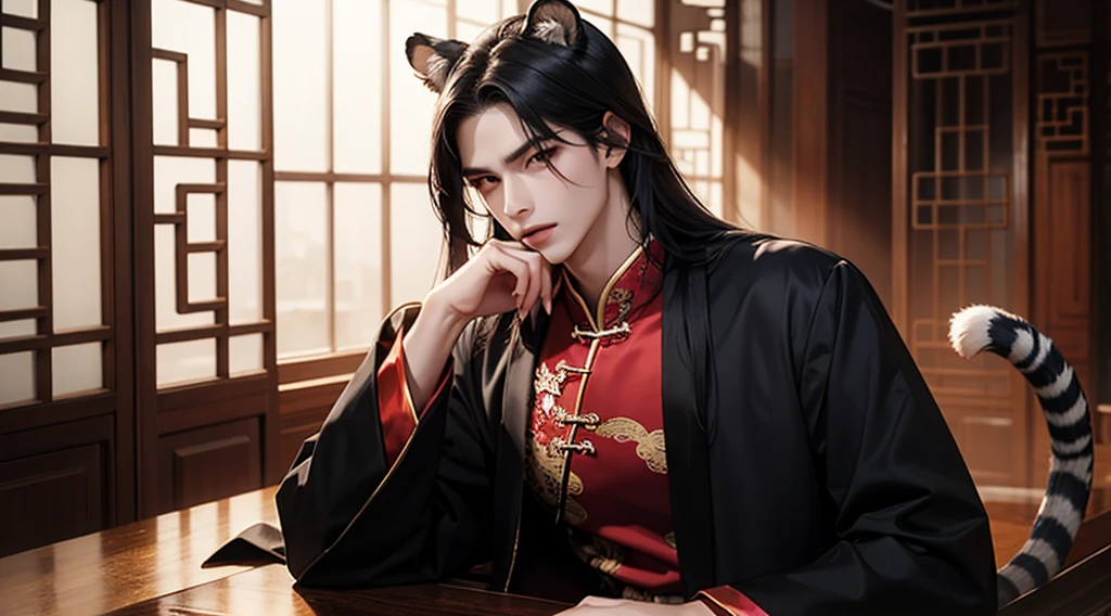 Male, long black hair, red eyes, elegant clothes, tiger ears and tail, traditional male chinese clothing, detailed, has many scars, tall, elegant, long sleeves