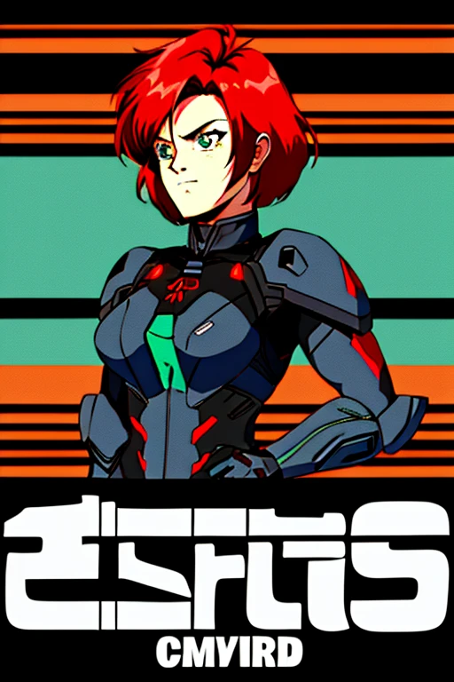 masterpiece, best quality, 1990s_\(style\), retro anime, 1girl, cowboy shot, Jane Shepard, FemShep, short hair, red hair, green eyes, black power armor, N7, full body portrait