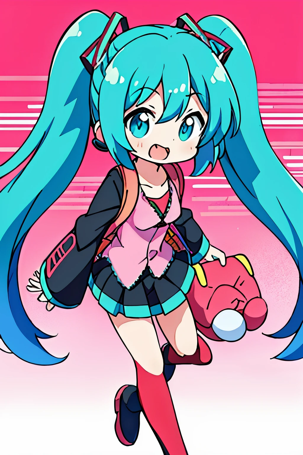 miku hatsune、(masutepiece, Best Quality, hight resolution:1.4), Wallpaper, Full body, 1girl in, Long hair, (Blue hair:1.0), (Black hair:1.0), multicolored hair, Gradient Hair, large full breasts, anime girl with blue hair and a backpack running, hatsune miku, miku, vocaloid, twintails, official artwork, colorful! character design, hatsune miku portrait, small curvy ****, portrait of hatsune miku, vivid color.digital 2d, anime moe artstyle, ****, colorful!!, fuschia and vermillion and cyan