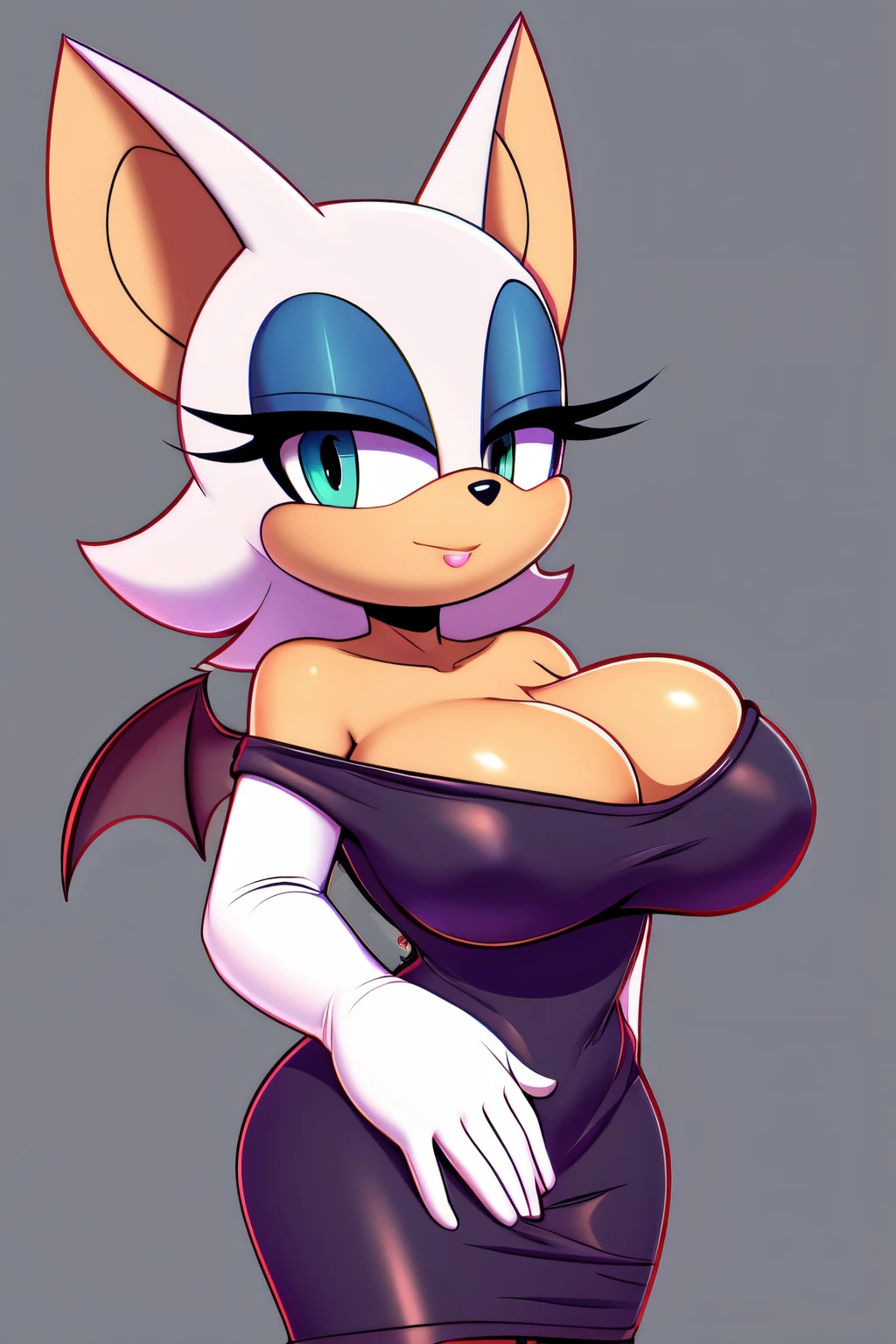 Rouge the Bat in a black bodysuit dress, busty, large breast, black off shoulder black dress:1.1, cleavage, black, elbow gloves, simple background, 2D illustration