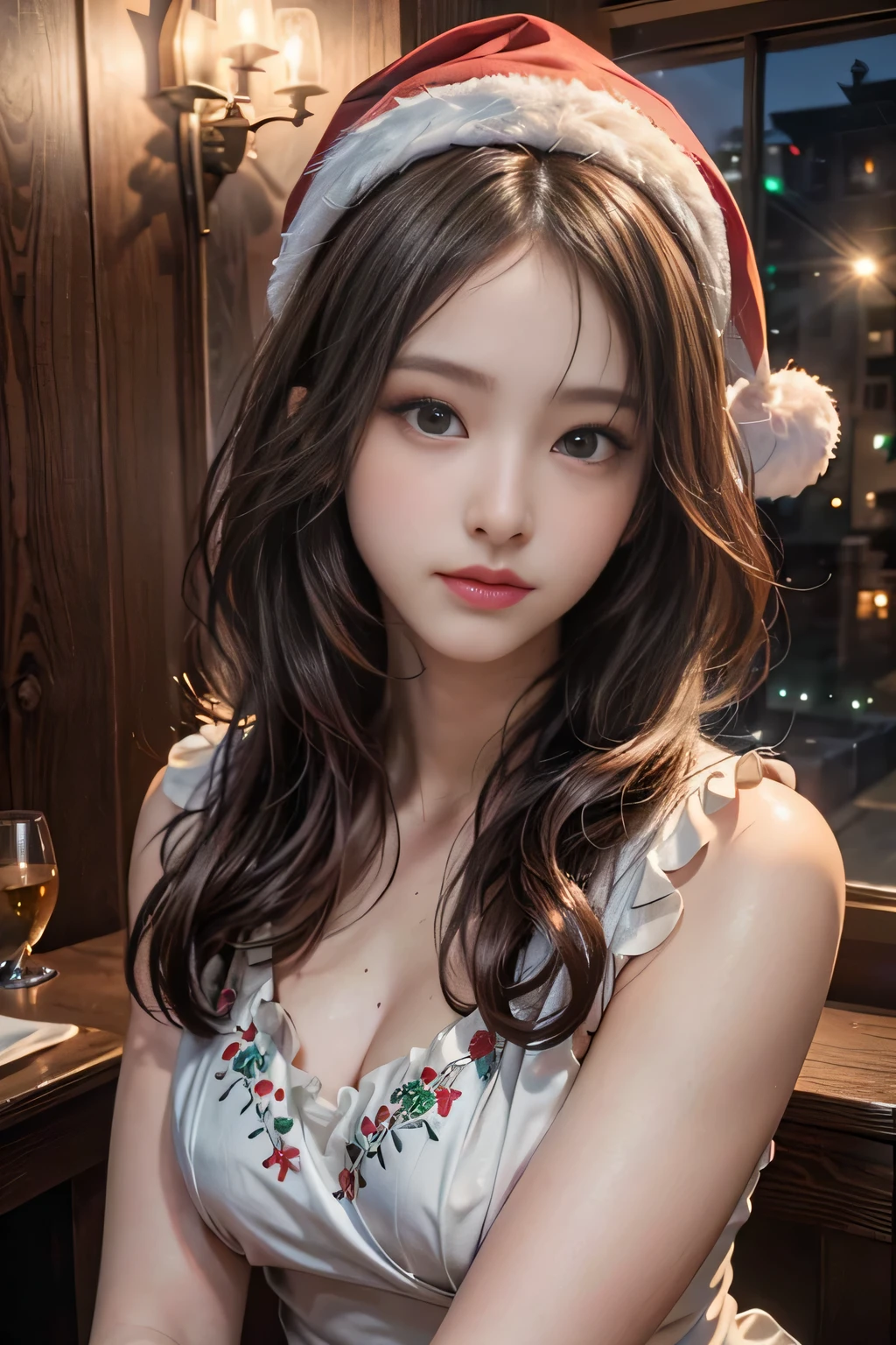 (Masterpiece:1.3), (8K), (Best Quality:1.4), (UHD:1.2), (Photorealistic:1.3), (Raw Photography), (1girl), (Ultra High Detailed), (Detailed face), very perfect beautiful and cute face, slim face, (Detailed hair), Beautiful hair, bangs, (symmetrical eyes:1.3), (Detailed eyes), (Detailed skin), realistic skin texture, Ultra high definition, (medium breasts), (slim figure), (super model figure), gentle smile:1.2, (A very beautiful and cute young Japanese girl with a gentle expression), 

(wearing a christmas santa costumes:1.3, intricate embroidery short dress:1.3, sparkling, glitter, Santa hat, inspired by Versace), 
Christmas tree, Christmas decorations, (in the illuminated Christmas party room), (upper body shot), Turn your whole body to the front, (close up Embroidery)