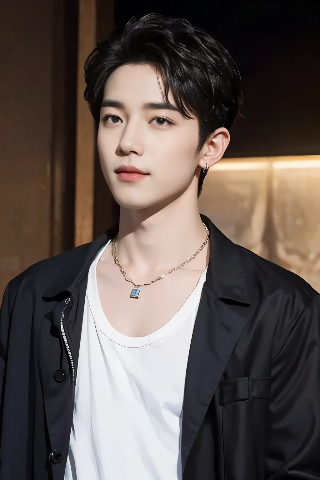 ((Best Quality, 8K, masterpiece: 1.3))、Cool Korean man, 120 year old man、Korean style long hair、Sturdy face、Handsome nose、Detailed eyes and face、Beautiful lighting、(studio)、High Resolution、 (visible to the audience)、mouth details、Thin Mouth、,Sorrisos、whole body: 1.5, perfect body figure: 1.picture of both shoulders:1.3, Wearing a White T-shirt and a casual Black coat:1.5, Accessories : (men's earrings, necklaces, men's rings, men's watches)