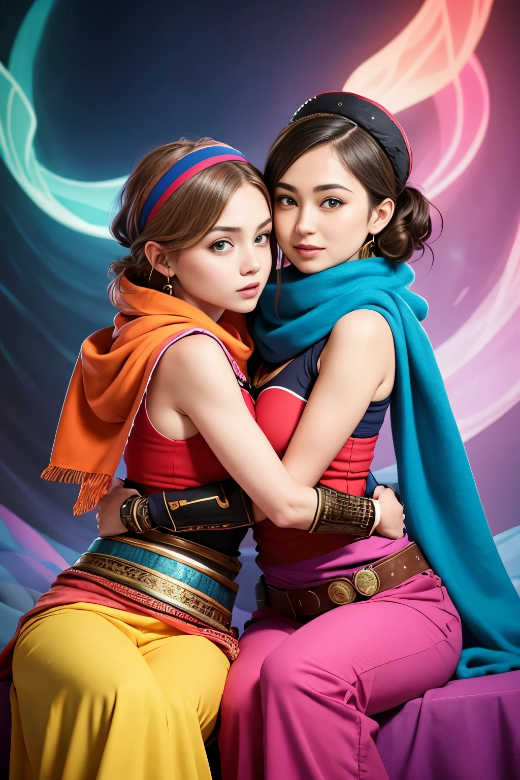 two female oen soldiers with colorful trousers, vests, scarves, and headgear, sitting,big eyes,dynamic pose,magical wonderland,fantastical background,along with traditional Ottoman armor and weapons. there have just two soldiers and they are looking streight,touch each other, Tease a friend's belly, Tease a friend's buttocks, Blushing friend, Biting a friend's earlobe, Hug each other from behind, Touch your friend's breast from below,