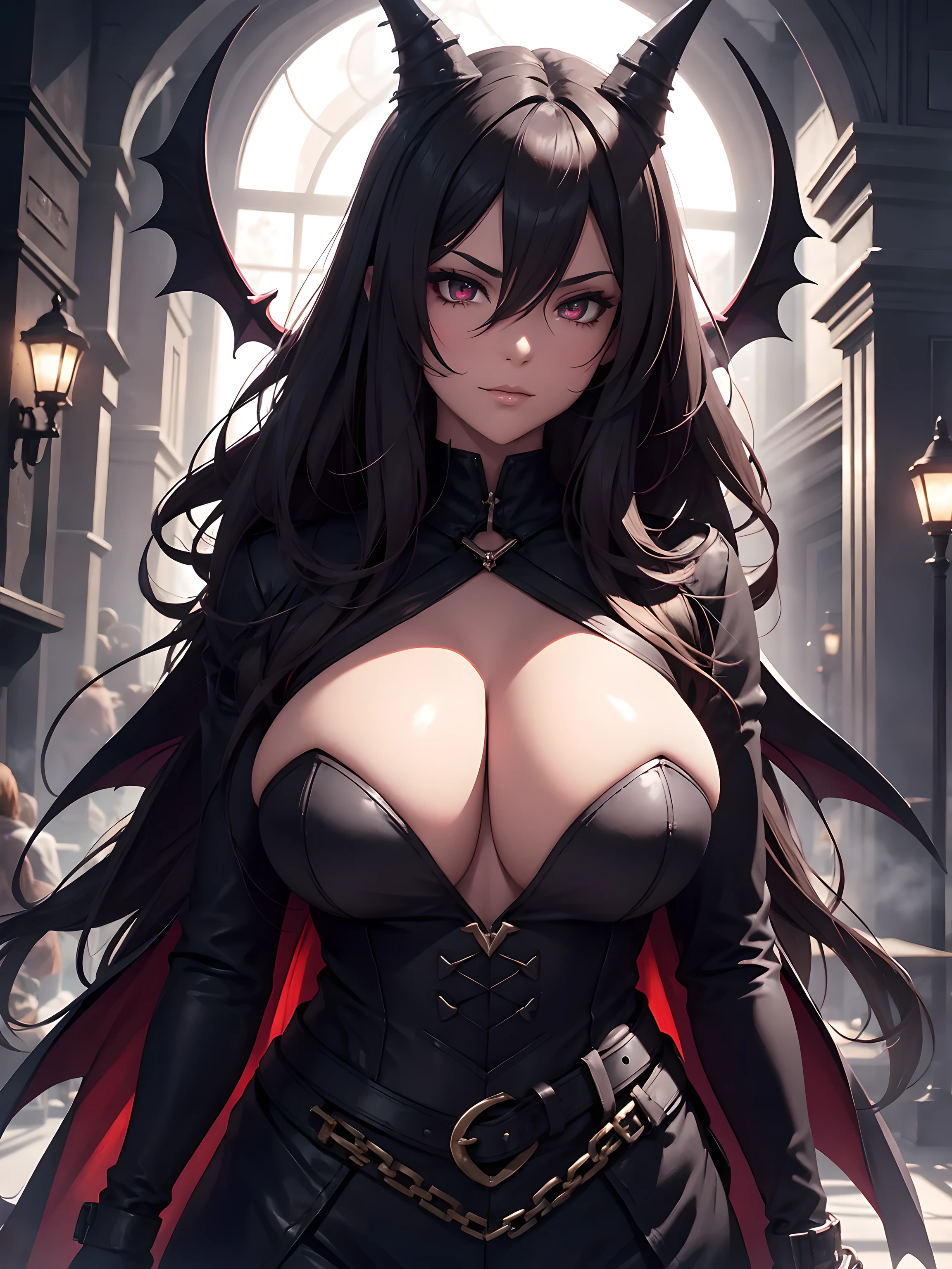 Fantasy, night, Cinematic scene - medium shot: dark wide dungeon, a voluptuous succubus with a curvy body, bound with heavy iron chains, firmly tied, evil smirk, red eyes, black braid, seductive, High detailed, 4k, Masterpiece, Cinematic Lighting, a mystic light shines from behind the succubus, illuminating her Silhouette, from the side