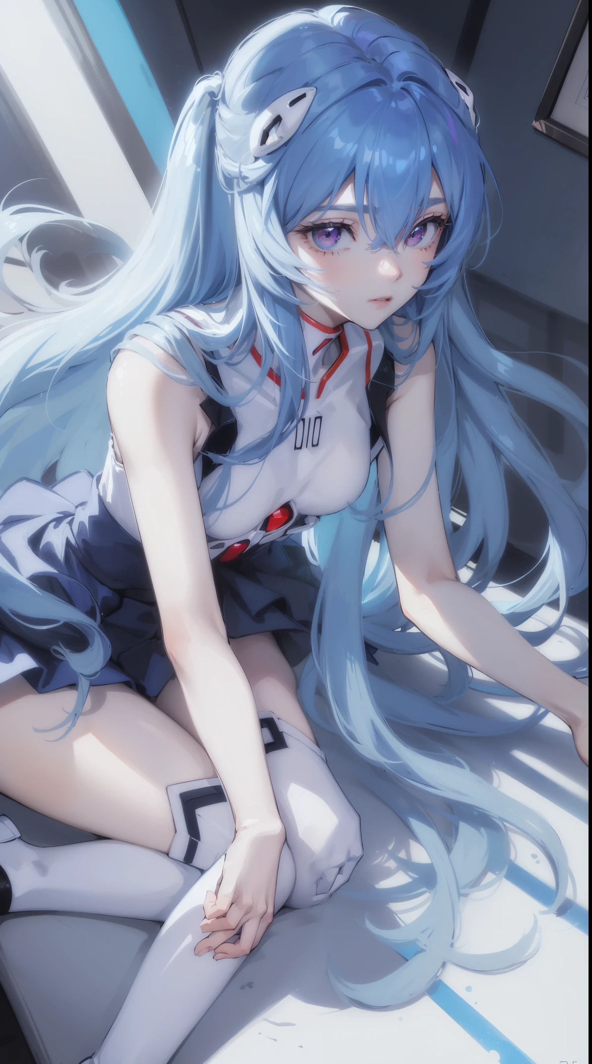 (tmasterpiece, quality, Best quality at best, offcial art, Beautiful and beautiful:1.2)Lea Yabo, ayanami rei, Blue hair, long whitr hair，Kneeling position