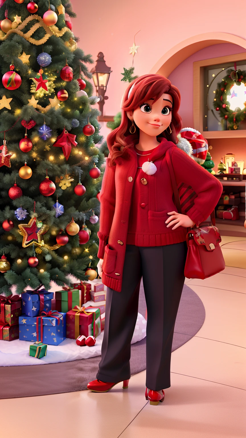 Disney Pixar style image with a woman taking a selfie in front of a Christmas tree, Ropa de Navidad, la noche, Red heels, With a tree in the background and flashing lights.., Temporada de vacaciones, Pareja feliz