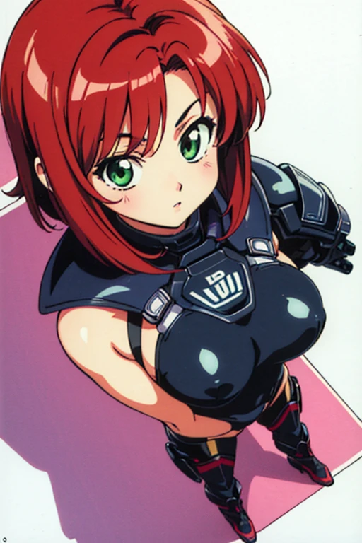 retro artstyle, 1990s (style), 1990s anime cels style, best quality, ultra-detailed, high resolution, 1girl, solo,Jane Shepard, FemShep, short hair, red hair, green eyes, black power armor, N7, full body portrait