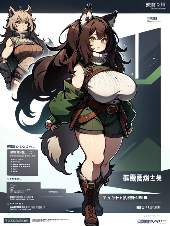 knitted sweater、Sleeveless、turtle neck、Green clothes、Brown Long Hair、Wolf Girl、Colossal tits、thick thighs、shortpants、knee sox、garterbelts、long boots、venusbody,big butts,Wolf ears、Wolf's tail