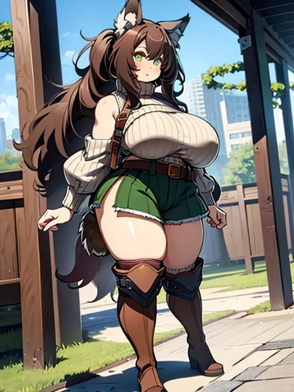 knitted sweater、Sleeveless、turtle neck、Green clothes、Brown Long Hair、Wolf Girl、Colossal tits、thick thighs、shortpants、knee sox、garterbelts、long boots、venusbody,big butts,Wolf ears、Wolf's tail