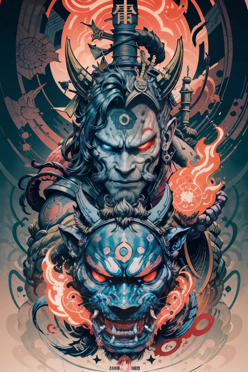 0mib's Hanya mask style, illustrator, masterpiece, High Quality, 10, high-res, high-detail, japan, samurai, demon with Fire coming out of it, Extraordinarily detailed drawings, inspired by Hu Zaobin, Artstation , shin hanga, Fire!! Full body, HQ print, Color spread, sun wukong, Nychos, yanjun chengt, Three Kingdoms of China, Lord Shiva the Destroyer