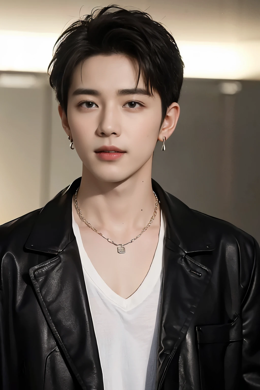 ((Best Quality, 8K, masterpiece: 1.3))、Cool Korean man, 120 year old man、Korean style long hair、Sturdy face、Handsome nose、Detailed eyes and face、Beautiful lighting、(studio)、High Resolution、 (visible to the audience)、mouth details、Thin Mouth、,Sorrisos、whole body: 1.5, perfect body figure: 1.picture of both shoulders:1.3, Wearing a White T-shirt and a casual Black coat:1.5, Accessories : (men's earrings, necklaces, men's rings, men's watches)