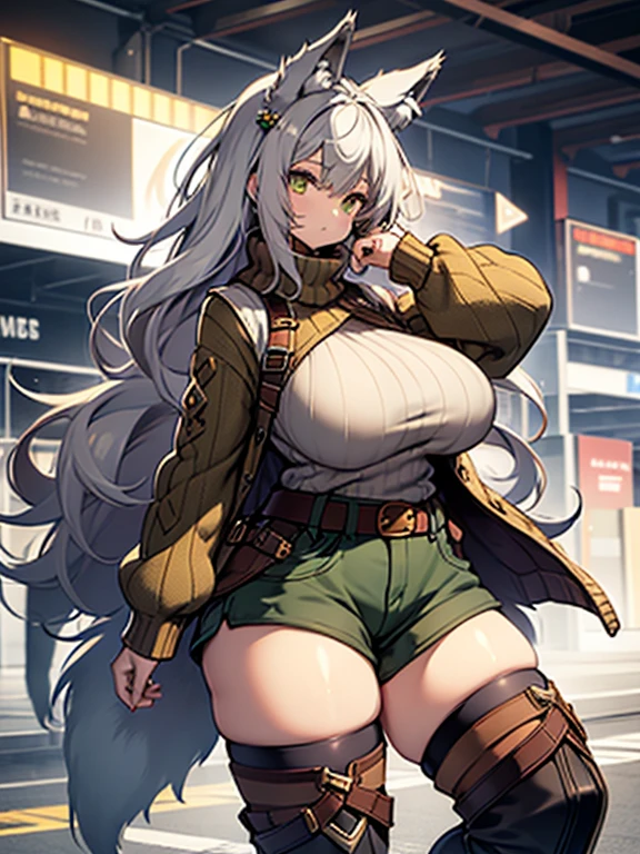 knitted sweater、Sleeveless、turtle neck、Green clothes、Brown Long Hair、Wolf Girl、Colossal tits、thick thighs、shortpants、knee sox、garterbelts、long boots、venusbody,big butts,Wolf ears、Wolf's tail