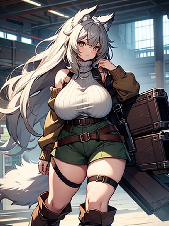 knitted sweater、Sleeveless、turtle neck、Green clothes、Brown Long Hair、Wolf Girl、Colossal tits、thick thighs、shortpants、knee sox、garterbelts、long boots、venusbody,big butts,Wolf ears、Wolf's tail