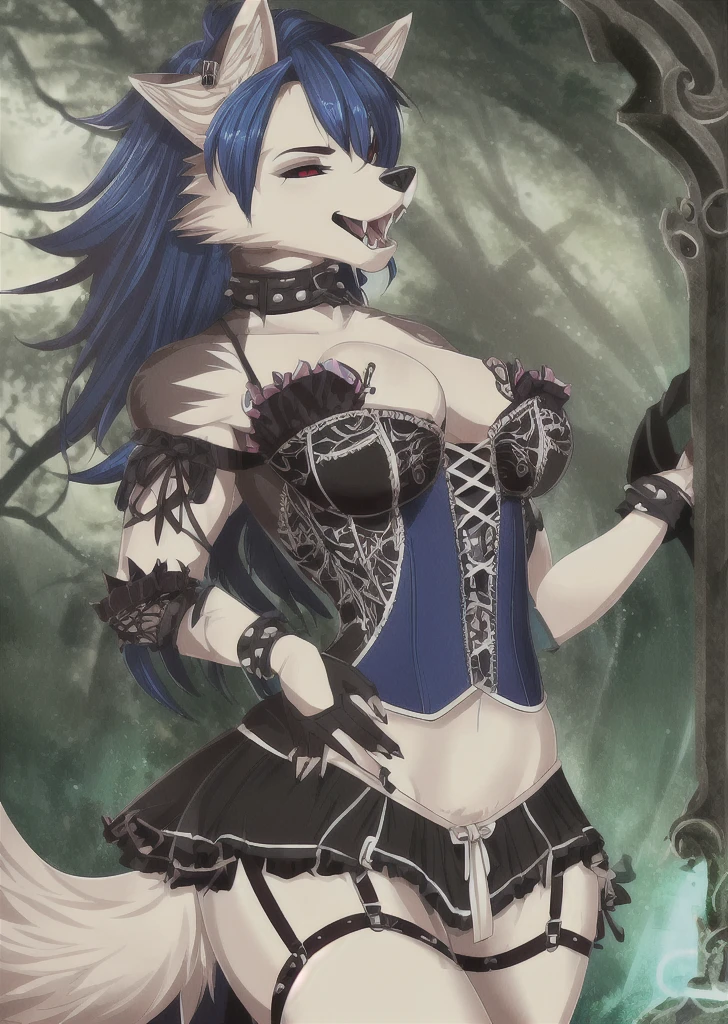 ((best quality, masterpiece, 4k, 8k, high res)), ((furry; Anthro Wolf)), moist, blue hair, attacking, violent, ferocious, fangs, full body, female werewolf, sexy, vibrant colors, (edgy punk hairstyle), knight armor, well-toned abs, Victorian dress, goth corset