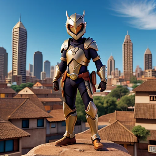 garoto sorrindo, com armadura inspirada em lobo, city with buildings