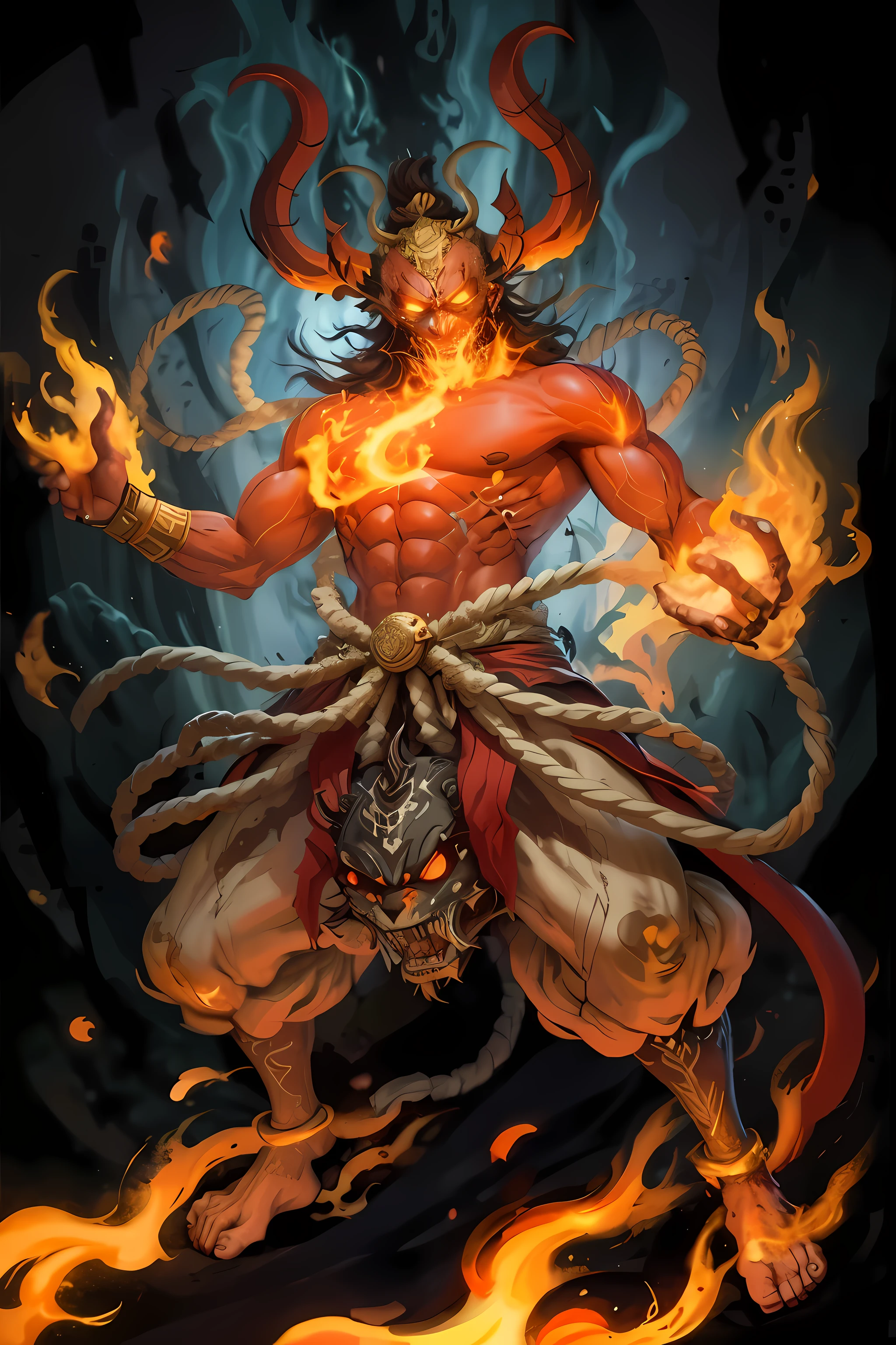Drawing of a demon with Fire in his hand, Fire Devil, human balrog muscle, Djinnman, Demon Man, male hybrid djinn human demon, asura from chinese myth, ne zha from smite, narasimha, Berserker, sun wukong, demon samurai, demon samurai warrior, Fire