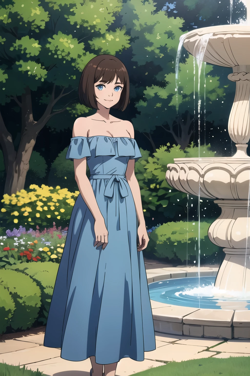 Bianca, brown hair, bob cut, medium hair, blue eyes, soft skin, smile, Light Blue Dress, Strapless Light Blue Dress, Ruffle Off-the-Shoulder Top, Off-the-Shoulder Dress, Long Skirt, anime, masterpiece, best illustration, 2d, very high resolution, standing near a fountain, 1 girl, garden background.