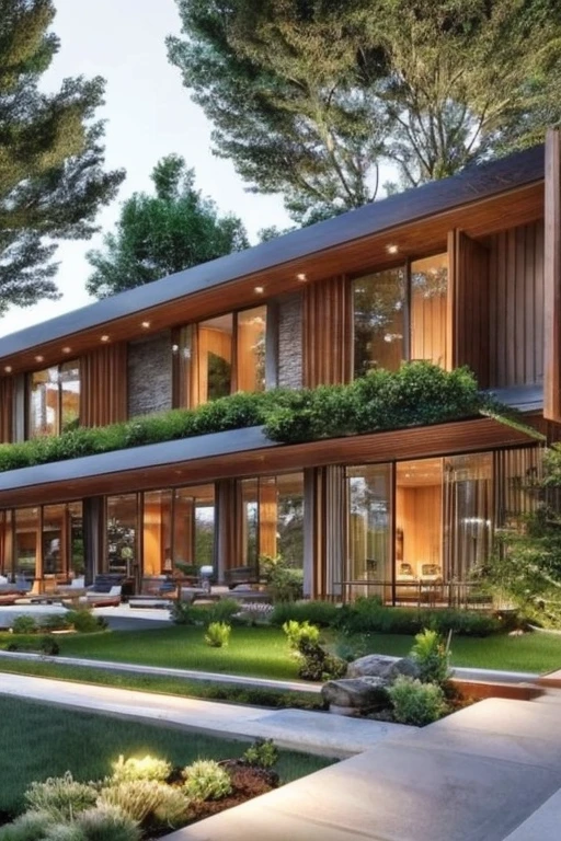 modern wood and glass villa, in pacific northwest, lush outdoor garden, lush overhanging planters, flagstone walkway, water feature, best quality, 4k, extremely detailed
