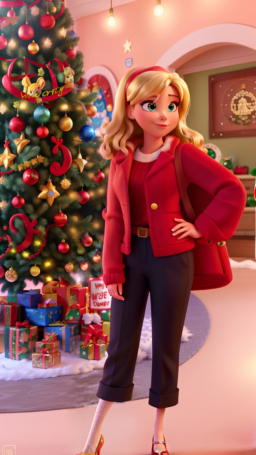 High quality Disney Pixar style image with a blonde woman and red high heels taking a selfie in front of a Christmas tree, la noche, With a tree in the background and flashing lights., Temporada de vacaciones, feliz