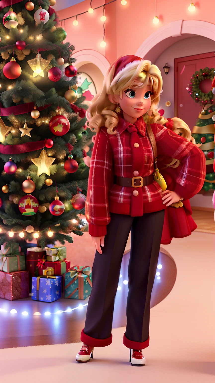 High quality Disney Pixar style image with a blonde woman and red high heels taking a selfie in front of a Christmas tree, la noche, With a tree in the background and flashing lights., Temporada de vacaciones, feliz